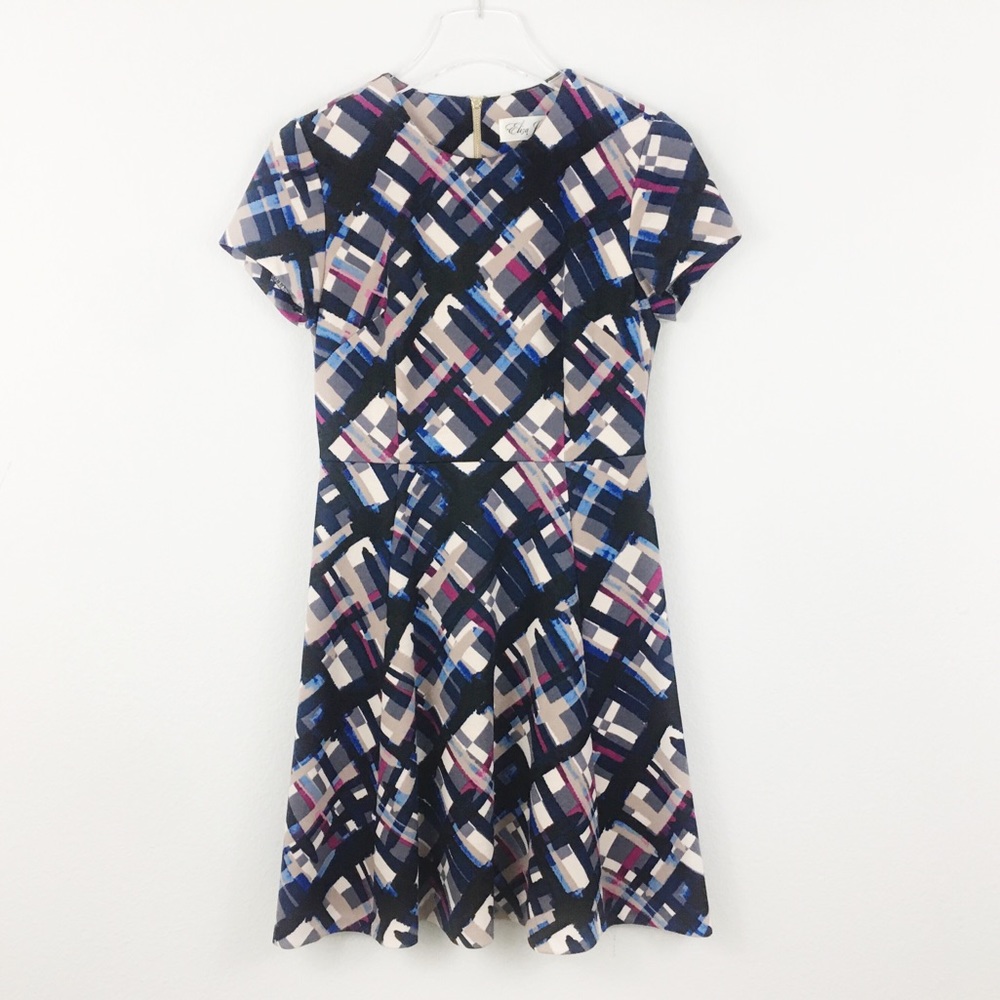 Eliza J | Black Blue Tan Fit Flare Midi Dress | 2